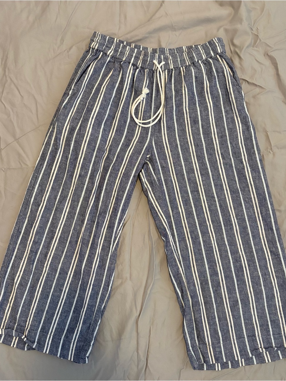 beachlunchlounge Blue and White Striped Linen-Cotton Pants